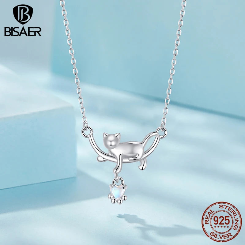 BISAER Cute Cat Necklace 925 Sterling Silver Heart Moonstone Chain Plated White Gold for Wenmen Party Original Fine Jewelry Gift