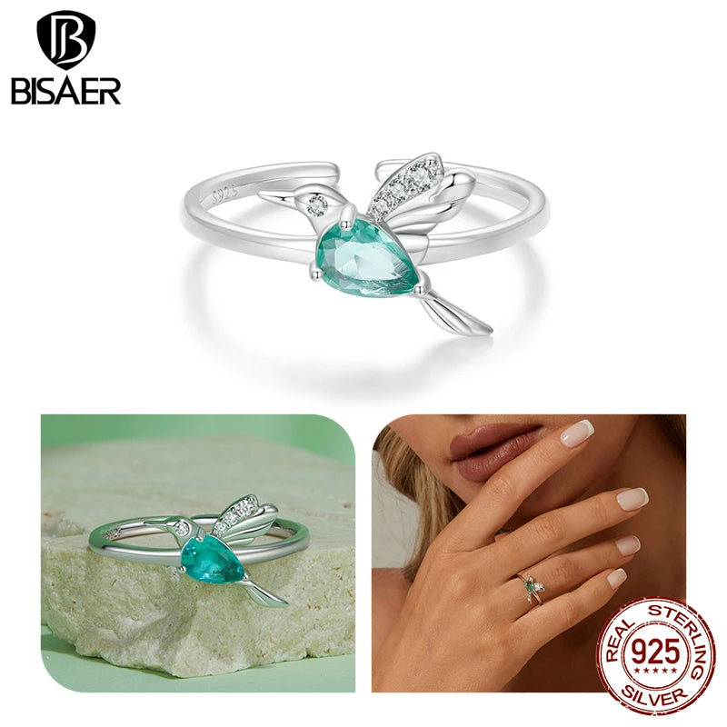 BISAER 925 Sterling Silver Hummingbird Open Ring Size 5-9 Mint Green CZ Cute Bird Band Plated Platinum for Women Fine Jewelry