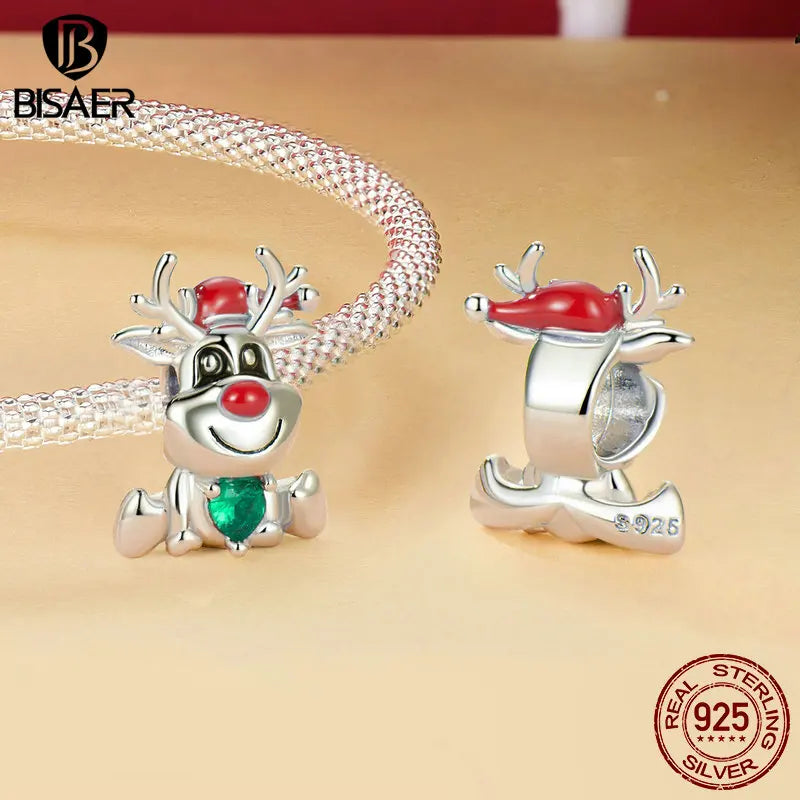 BISAER Charm arbre de Noël en argent sterling 925, pendentif bonhomme de neige, chaussettes du Père Noël, adapté au bracelet à faire soi-même, bijoux, cadeau de fête