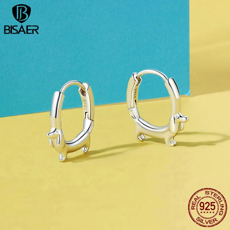 BISAER 925 Sterling Silver Cute Dachshund Ear Buckles Dog Pet Hoop Earrings Platinum Plated for Women Party Fine Jewelry ECE1677