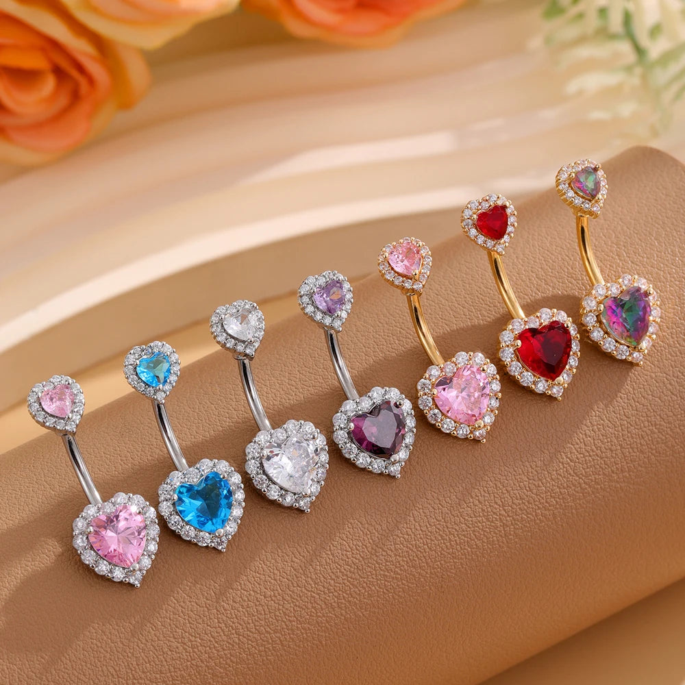 14G Heart Crystal Zircon Belly Button Rings Stainless Steel Long Dangled Flower Belly Piercing Ring Reversed Bar Navel Jewelry