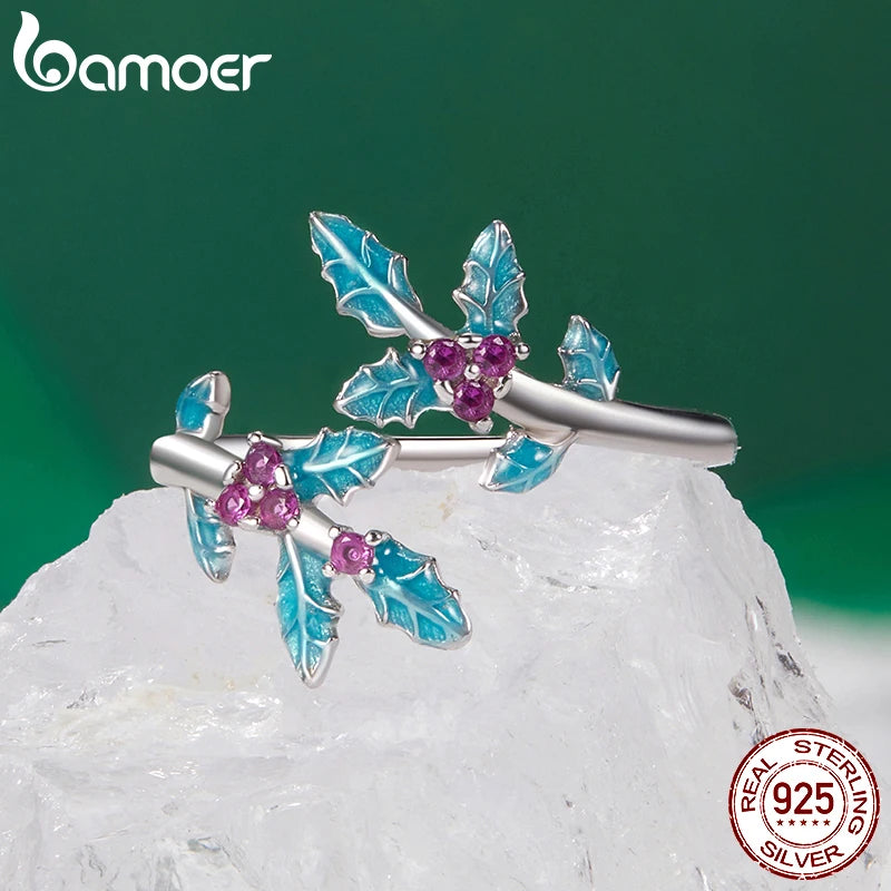 Bague ajustable en argent sterling 925 massif BAMOER avec motif de houx, bijoux rétro à motif floral, cadeau d'anniversaire de Noël pour femme BSR611-E