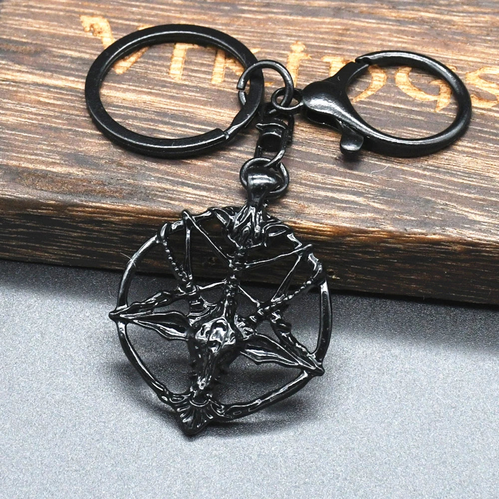 Black color Goat Head Skull Pendant Keychain Pan God Skull Key Ring Pentagram Key Chains Witch Luck Gifts