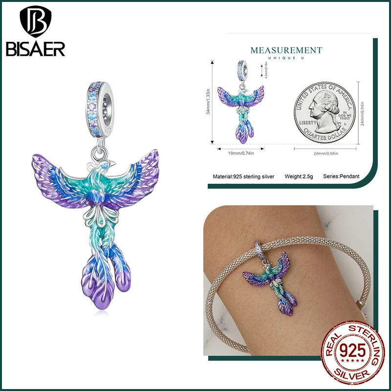 BISAER - Colgante con abalorio de fénix de plata de ley 925 auténtica, con forma de animal, proceso de esmalte degradado, apto para pulseras de mujer DIY, joyería fina