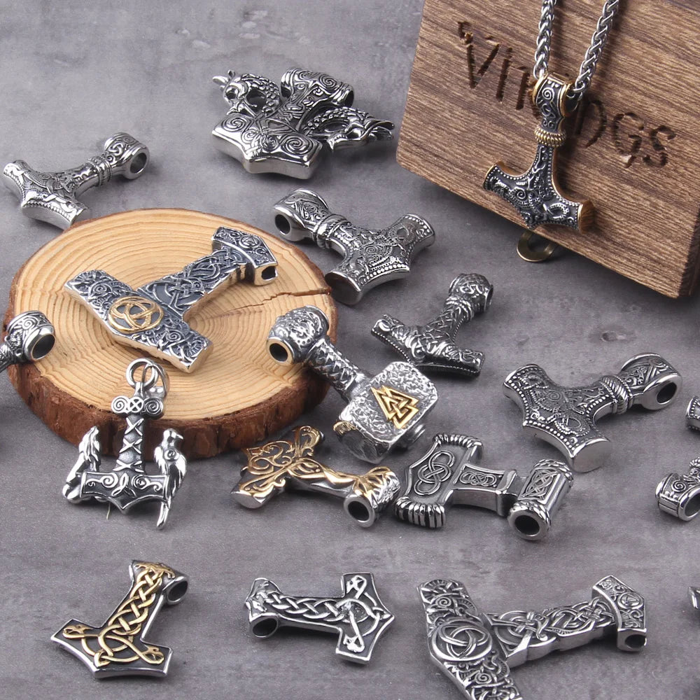 Fashion Valknut Viking Thor's Hammer Pendant Necklace With keel Chain As Men Gift with wooden box