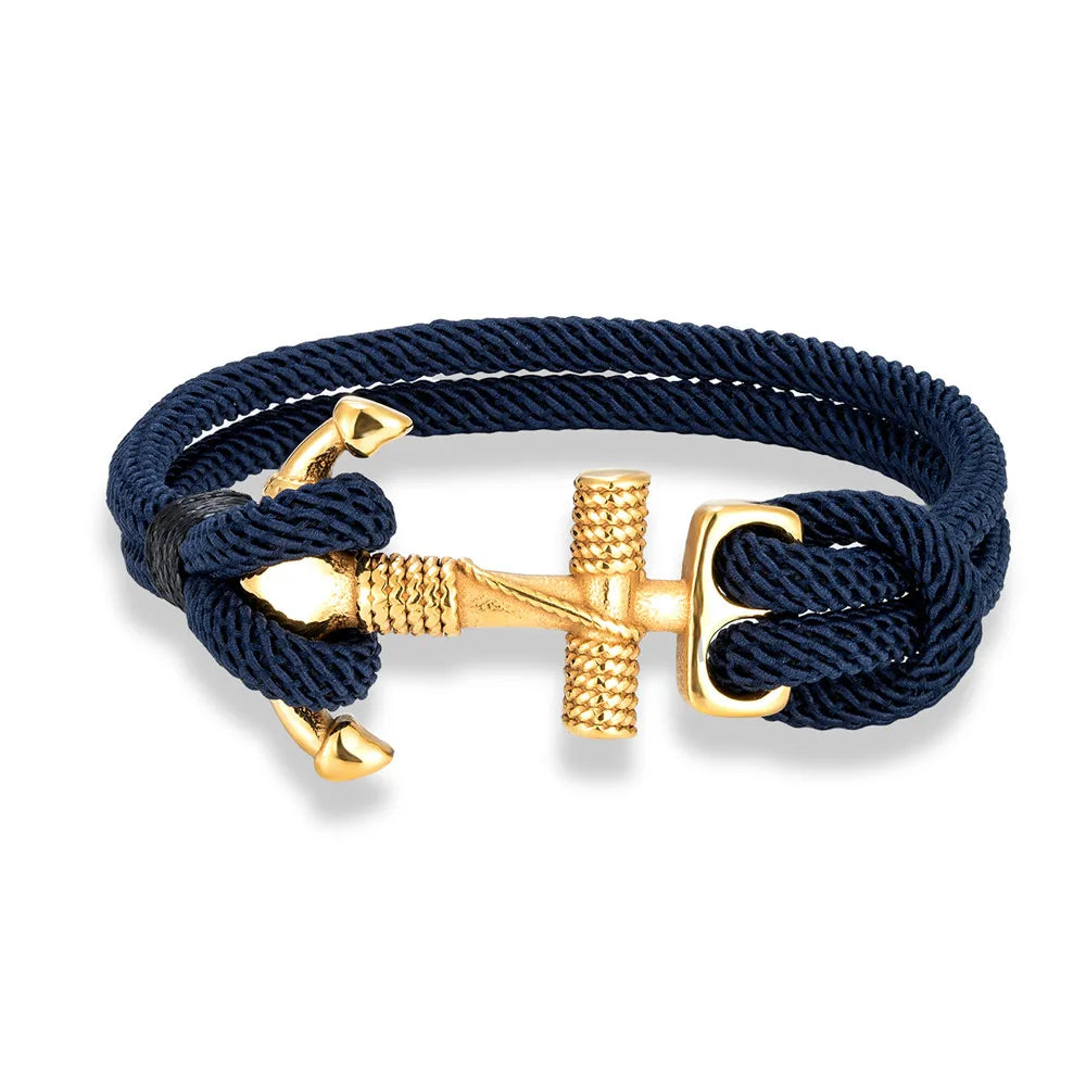 Navy Style Anchor Bracelets for Men Women Double Strand Nautical Surfer Rope Bracelet Gold Plated Stainless Steel Jewelry Gift