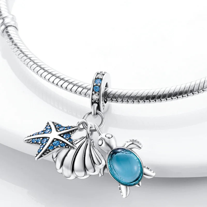 Ocean Charms 925 Sterling Silver Seashell Dolphin Mermaid Tail Blue Charms Fit Pandora Original Bracelet DIY Fashion Jewelry