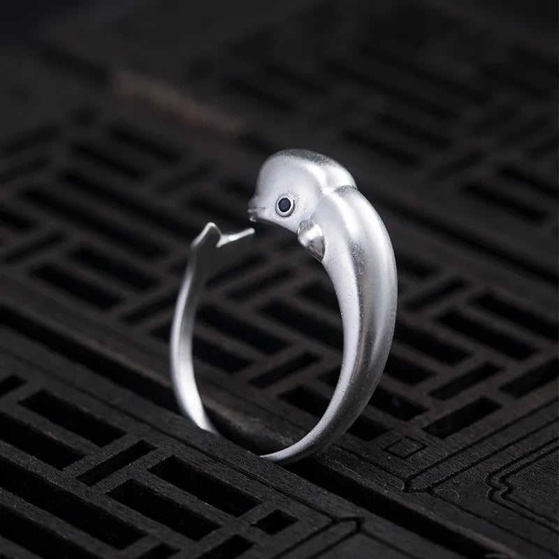 MKENDN Ocean Style 925 Sterling Silver Cute Beluga Ring Fashion Personality Stereoscopic Opening Adjustable Jewelry For Men Girl