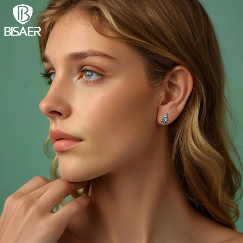 Boucles d'oreilles à tige en argent sterling 925 BISAER pour sapin de Noël, processus d'émail, hypoallergéniques, pour femmes, bijoux fins, cadeau de fête