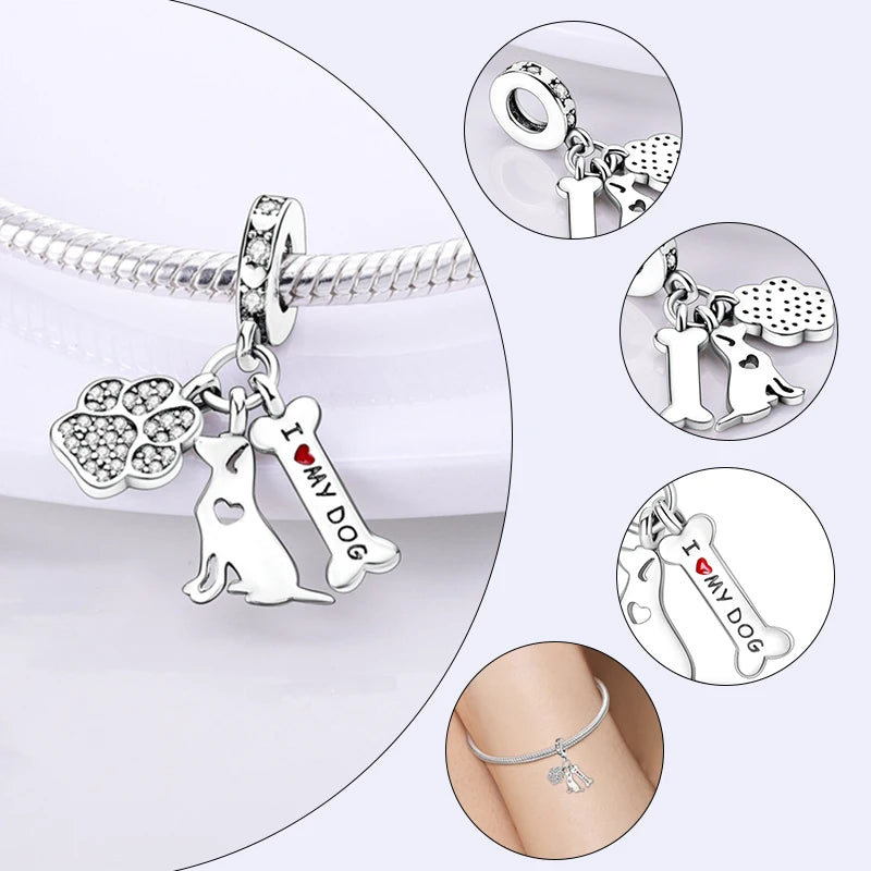 New Silver Plated Cute Dog Pets Charms Beads Fit Original Pandora Bracelet Charms DIY For Women Pendant Beads Jewelry Gift