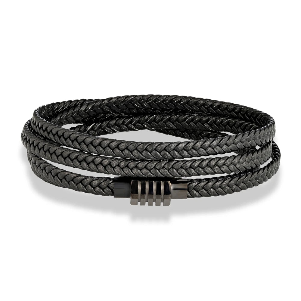 MKENDN Fashion Braided Rope Woven Multilayer Genuine Leather Bracelets Men Punk Black Stainless Steel Bangle Handmade Jewelry