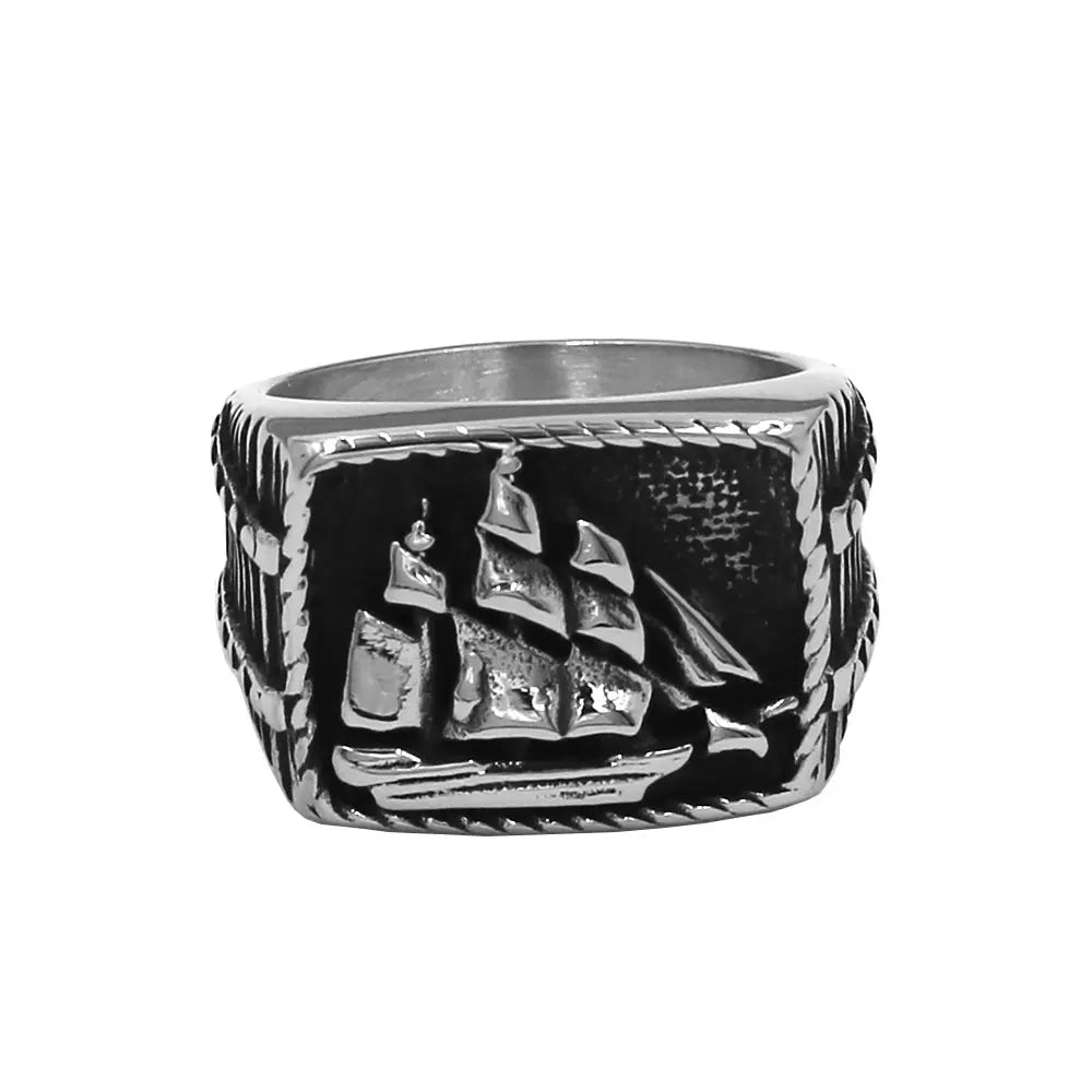 Classic Sailing Ship Ring 316L Stainless Steel Jewelry Vintage Rudder Anchor Biker Ring For Men Wholesale SWR1038A