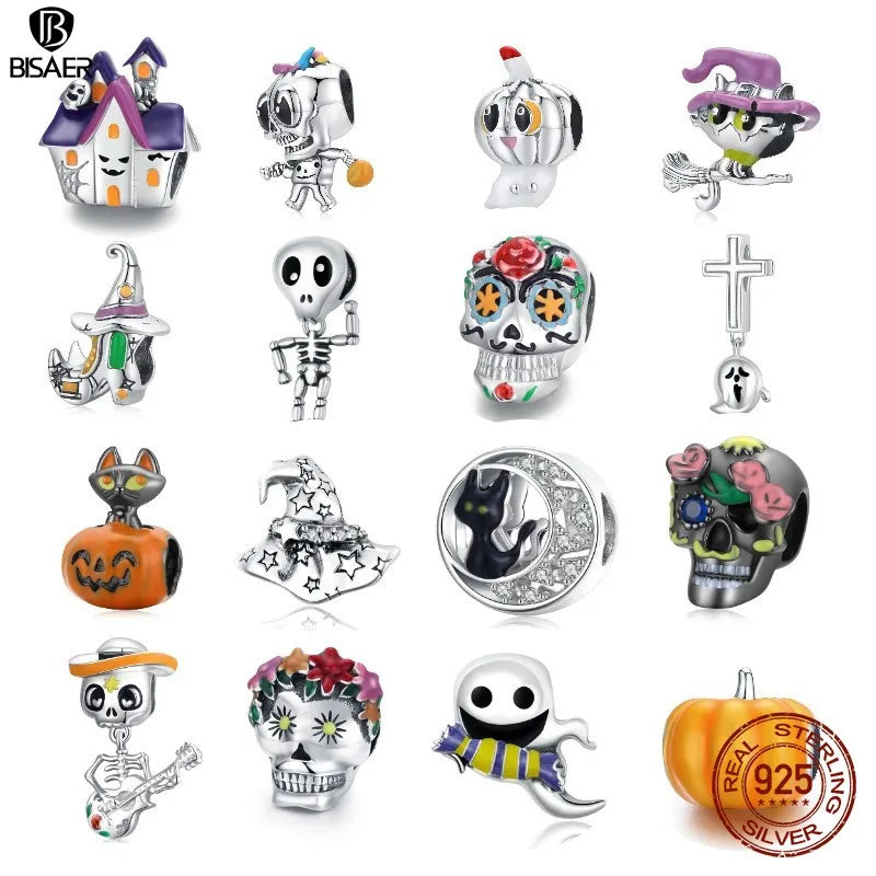 BISAER Halloween Series 100% 925 Sterling Silver Charm Skull Ghost Pumpkin Witch Bead for Woman Bracelet Fine Jewelry ECC1955