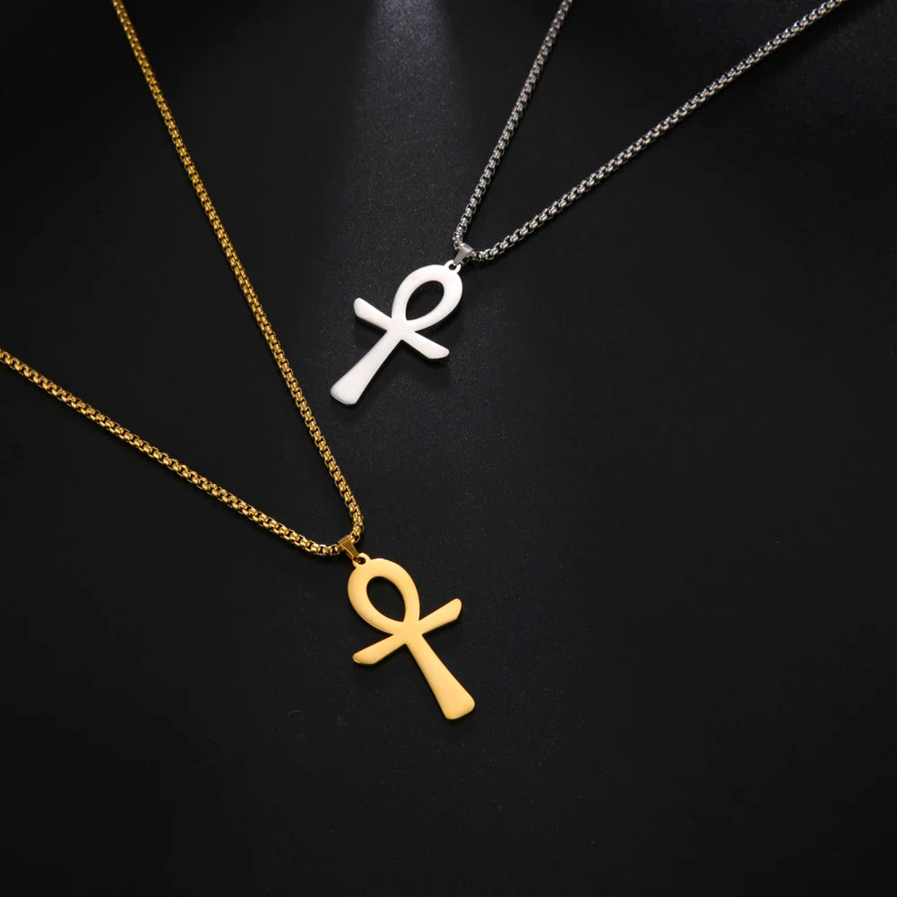 Dreamtimes Simple Classic Cross Stainless Steel Necklace Egyptian Ankh Life Symbol Antique Pendant Long Chain Necklaces Jewelry