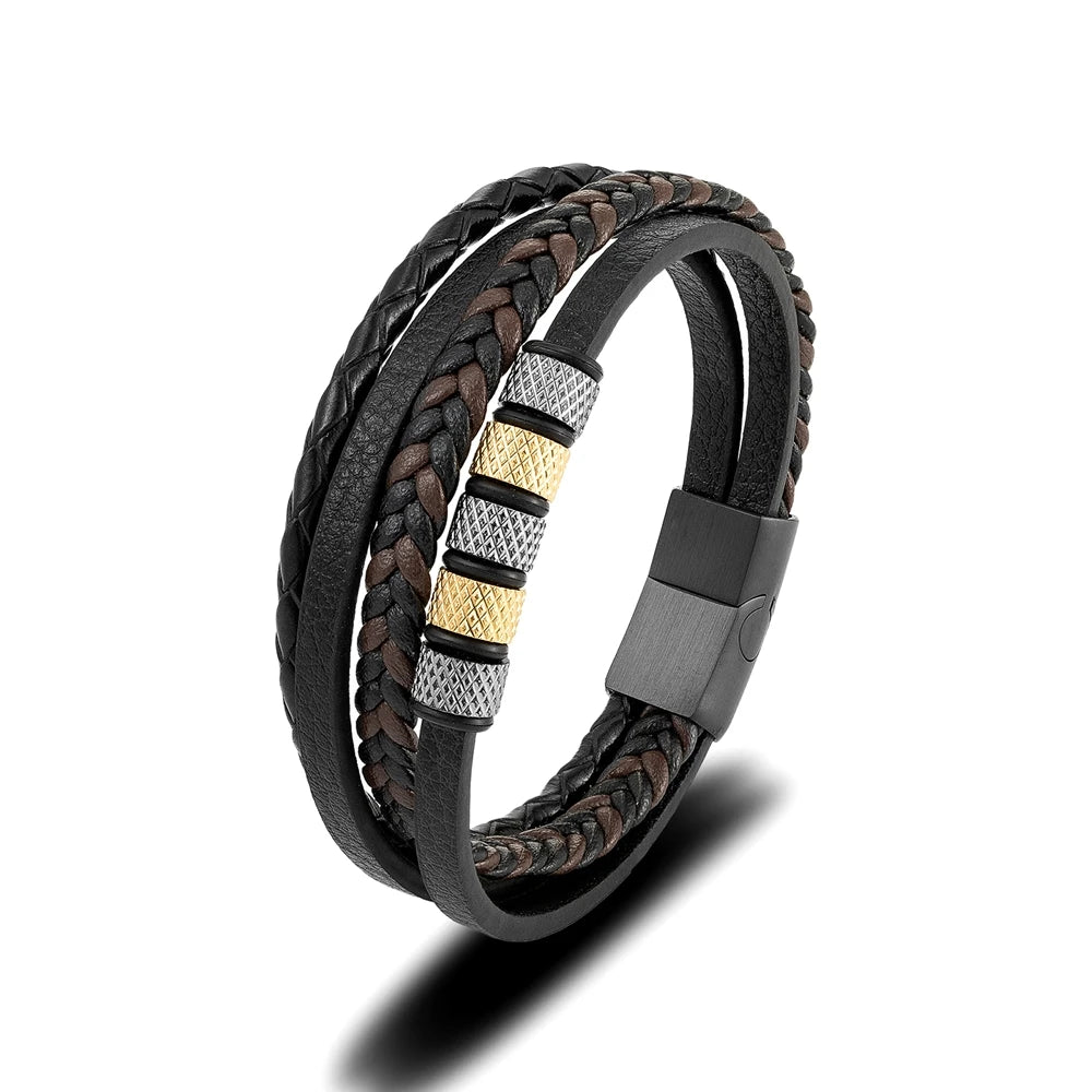 MKENDN Luxury Stainless Steel Beaded Bracelet Punk Men's Classic Multilayer Braided Leather Bracelet Black Buckle Homme Pulseras