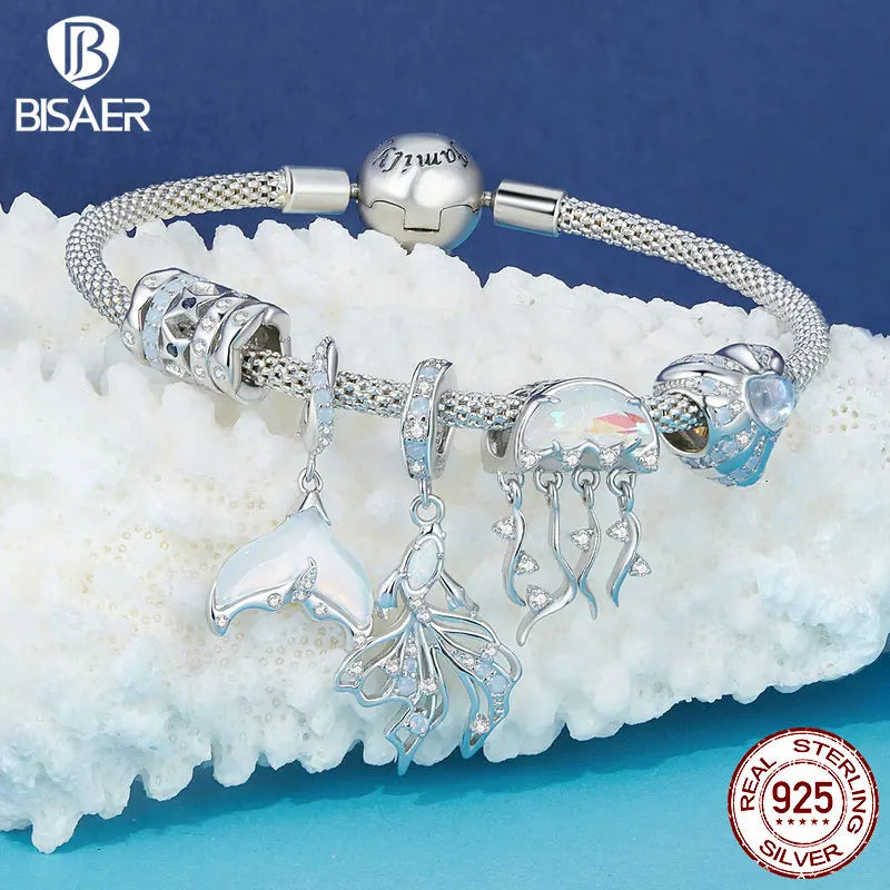 BISAER 925 Argent Sterling Fantaisie Méduse Breloque Perle Betta Poisson Queue Coeur Pendentif Fit Femme Plage Fête DIY Bracelet Bijoux