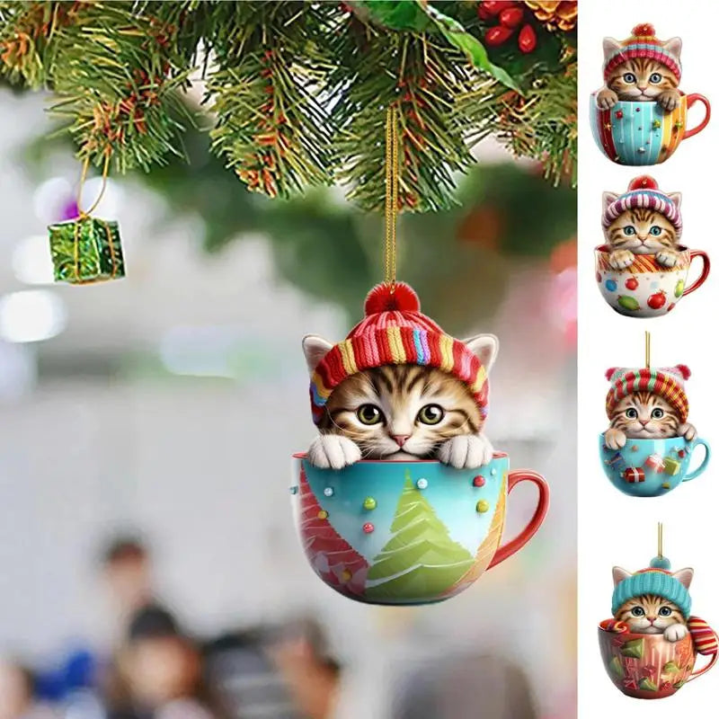 1PCS Christmas Tree Cat Pendant 2D Acrylic Christmas Cat Hanging Decoration Funny Christmas Cat Ornaments Party Decor Xmas gift