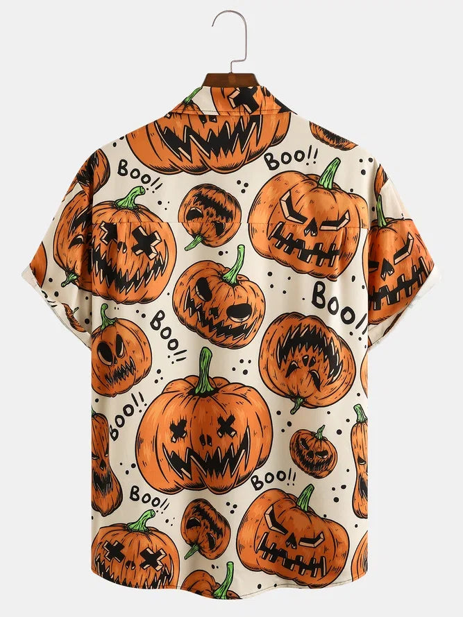 Camisa de manga corta con estampado gráfico de calabaza de Halloween para hombre, diseño retro divertido con elementos de calabaza, ropa de fiesta