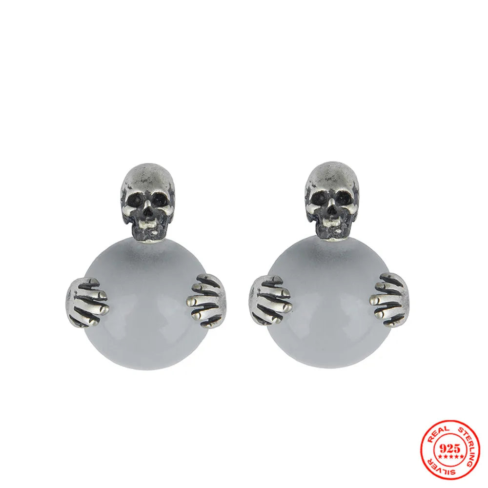 MKENDN Punk Style 100% 925 Sterling Silver Creative Retro Skull Stud Earring With Cat Eye Stone Beads For Men Women Fine Jewelry