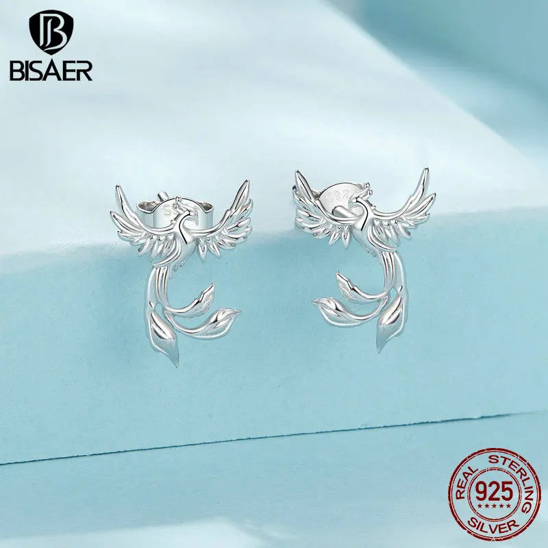 BISAER 925 Sterling Silver Phoenix Stud Flying Dragon Hypoallergenic Earrings Plated White Gold for Women Party Fine Jewelry