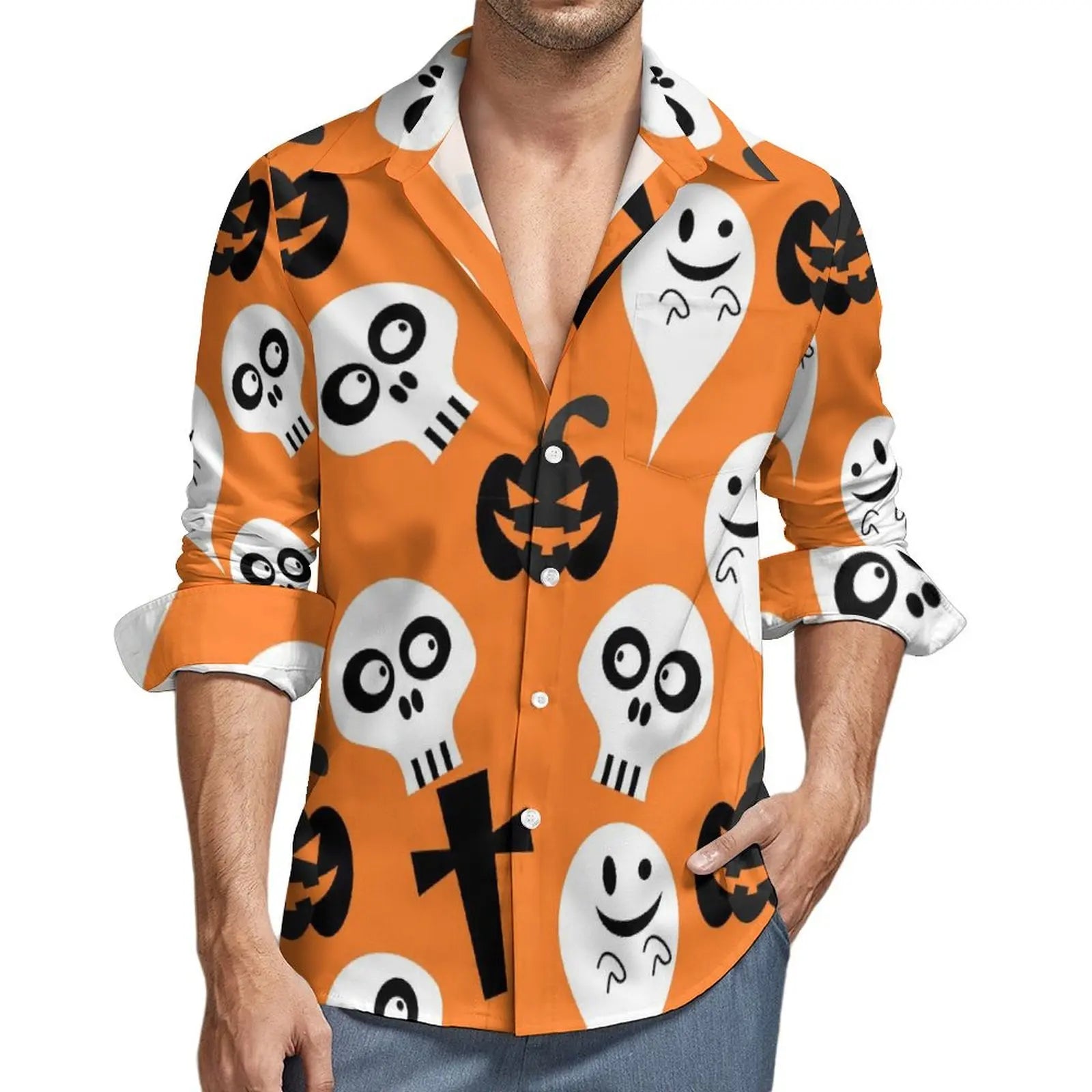 Happy Haunts Casual Shirts Halloween Katze Geist Retro Shirt Frühling Y2K Lustige Oversize Bluse Männer Langarm Grafik Kleidung Geschenk