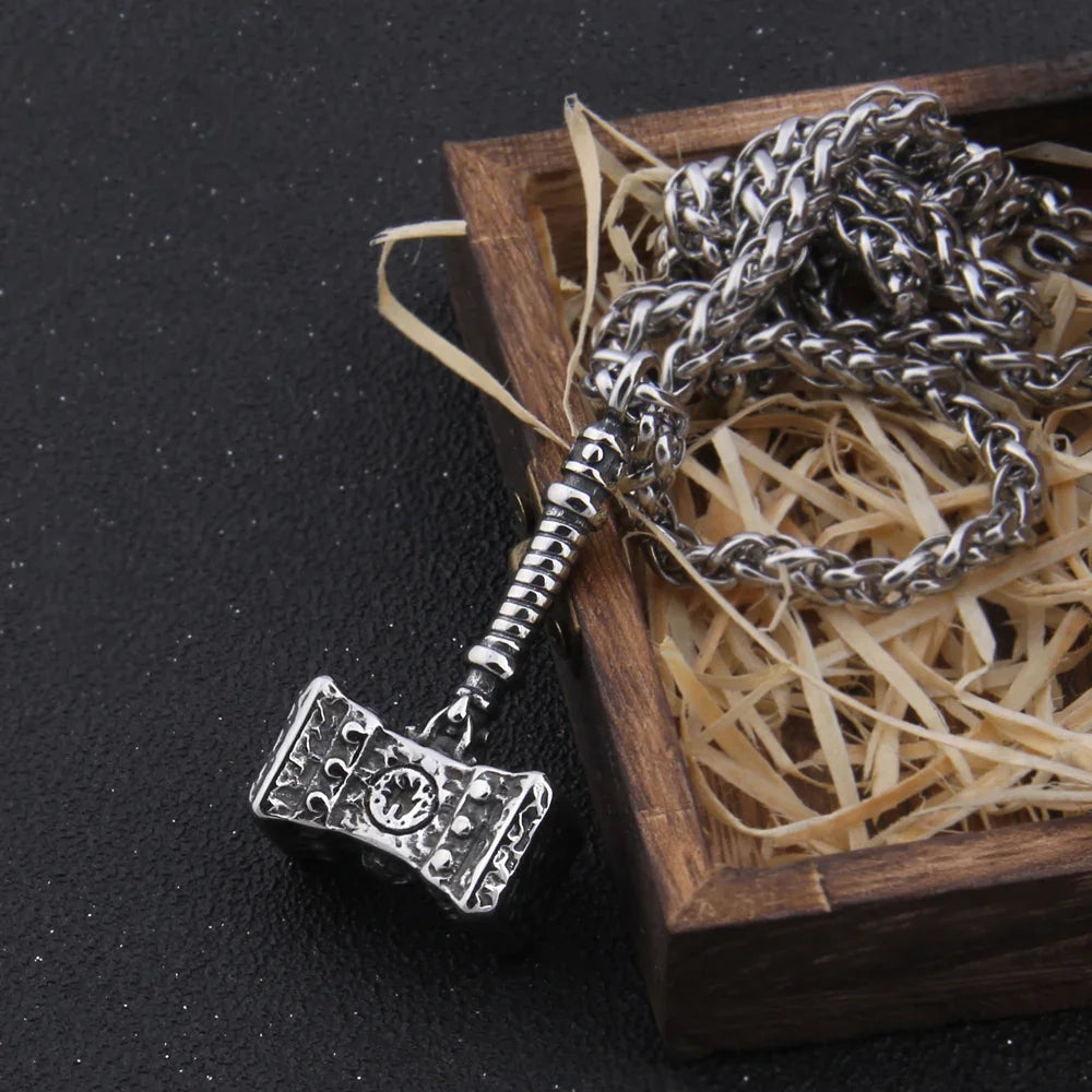 Fashion Valknut Viking Thor's Hammer Pendant Necklace With keel Chain As Men Gift with wooden box