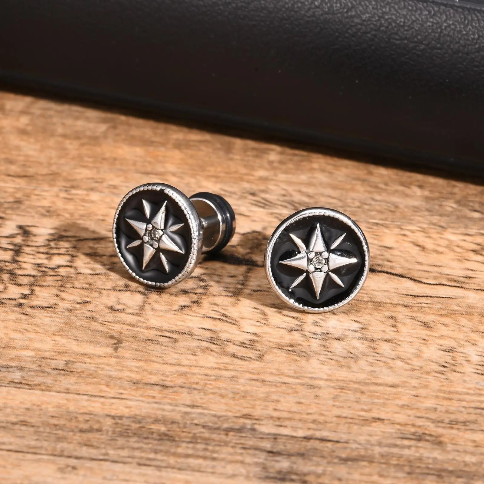 Nautical Compass Star Stud Earrings for Men Boys,Stainless Steel Black Circle with White CZ Stonel,Hiphop Punk Jewelry Gifts