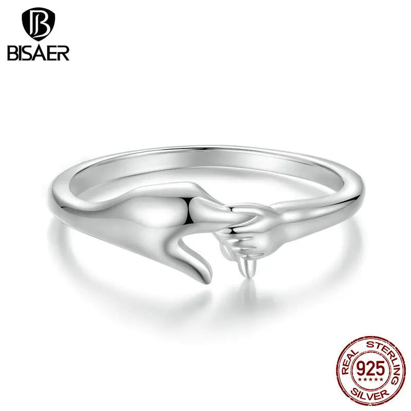 BISAER 100% 925 Sterling Silver Family Ring Hand In Hand Symbolizes Band Plated White Gold for Women Party Fine Jewelry ECR1069