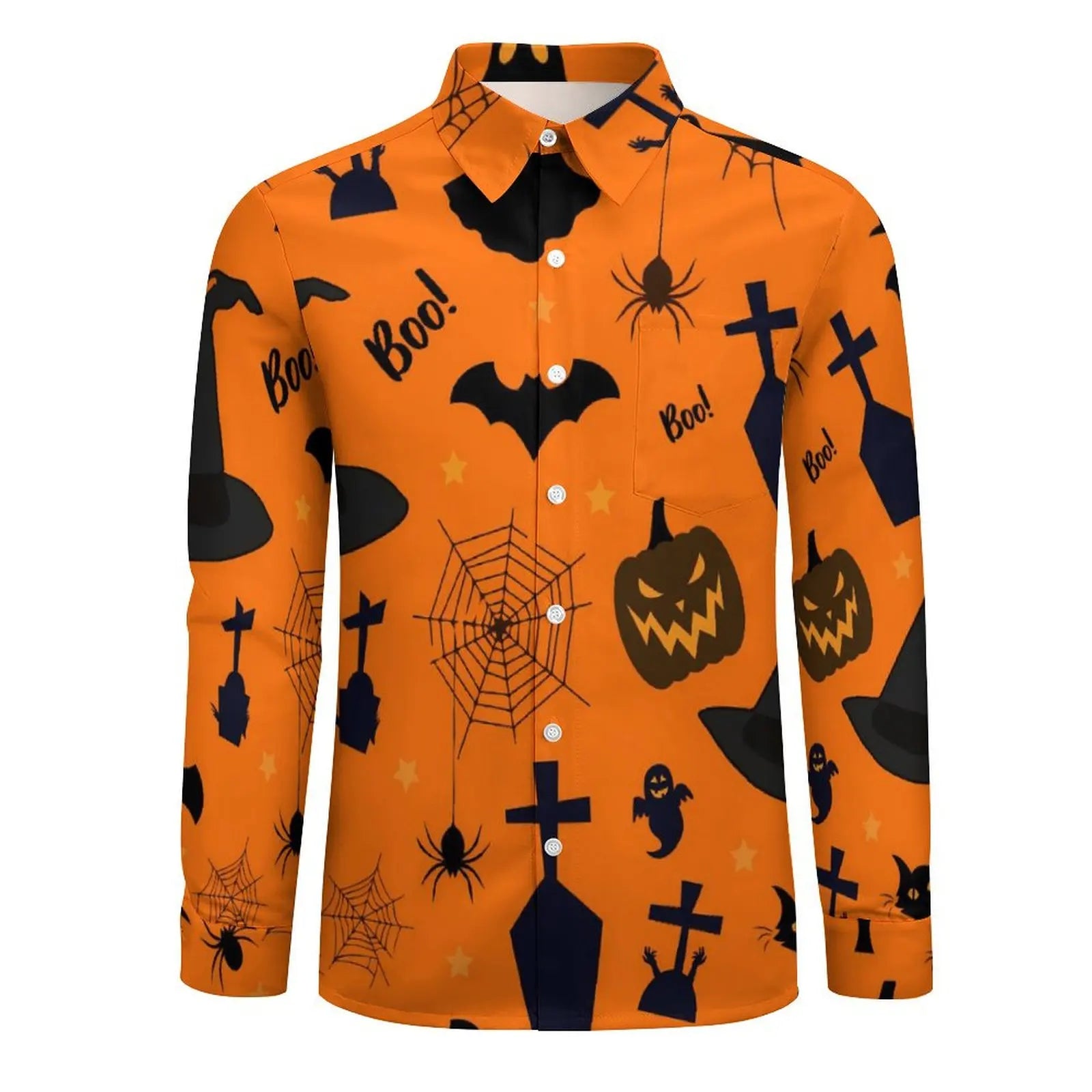 Camisas casuales Happy Haunts, camisa retro con estampado de gato fantasma de Halloween, blusa divertida de gran tamaño Y2K para primavera, ropa gráfica de manga larga para hombre, regalo