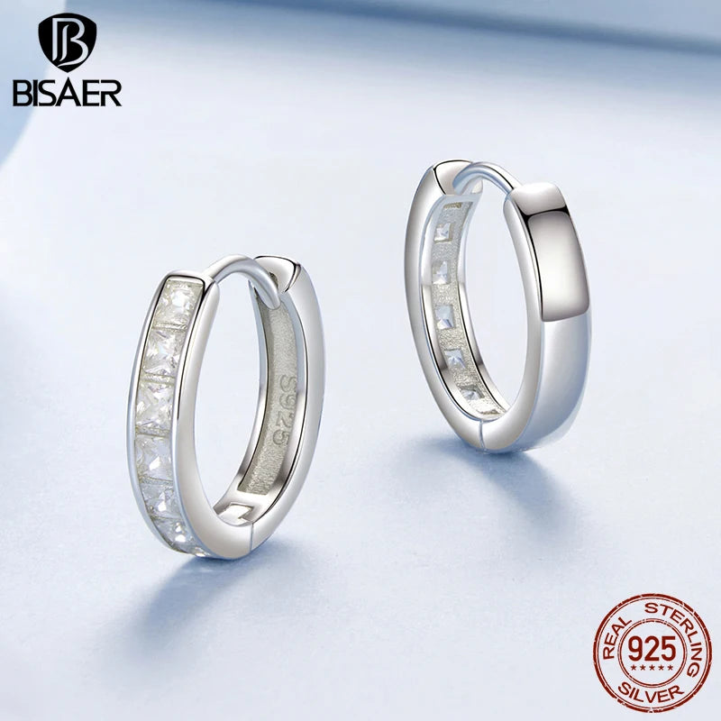 BISAER Real 925 Sterling Silver Square Sparkling Hoop Earring  Round Circle Cubic Zirconia Stud Ear For Woman Party Fine Jewelry