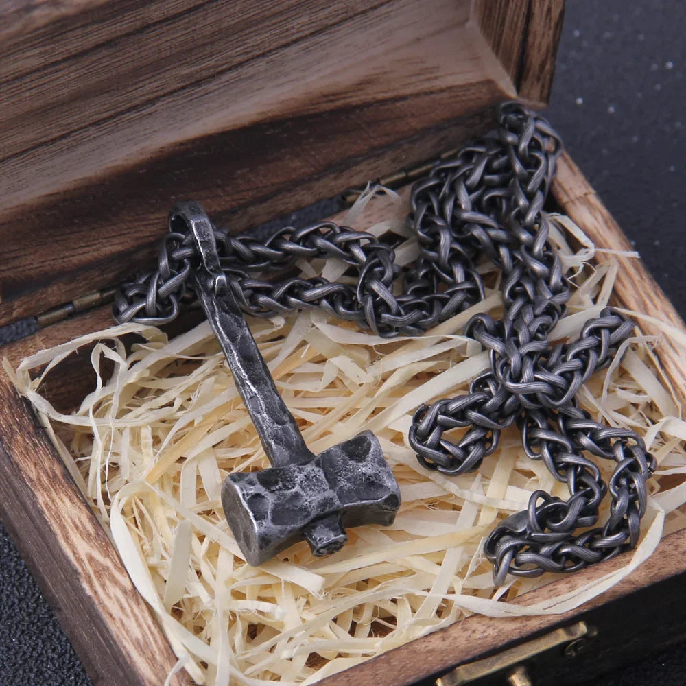 Fashion Valknut Viking Thor's Hammer Pendant Necklace With keel Chain As Men Gift with wooden box