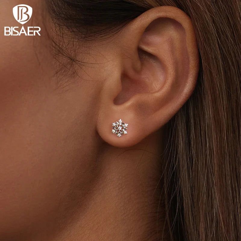 BISAER 925 Sterling Silver Snowflake Stud Earrings Sparkling Zircon Earrings Plated White Gold for Women Party Fine Jewelry Gift