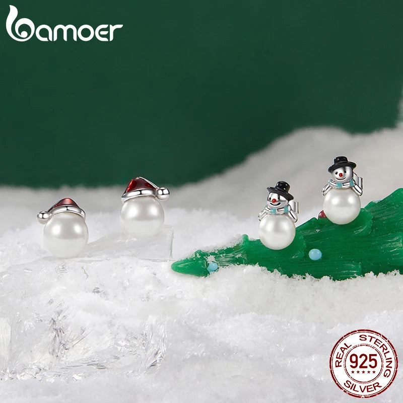 BAMOER Boucles d'oreilles à tige en argent sterling 925 avec perles et bonhomme de neige pour femmes et filles, hypoallergéniques, cadeau de Noël BSE1095