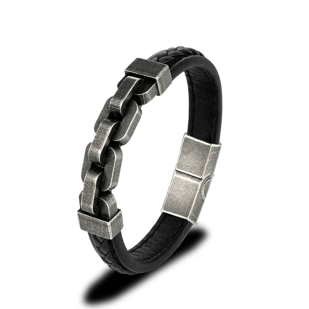 MKENDN Stainless Steel Bracelet for Men Vintage Dark Metal Wide Chain Link Unbroken Collection Mens Leather Jewelry  Gifts