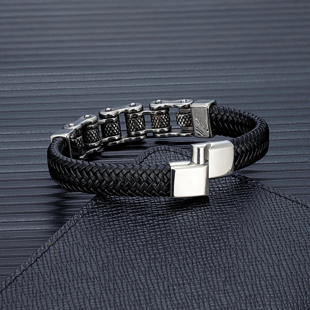 MKENDN Punk Men Biker Chain Braided Genuine Leather Bracelet Stainless Steel Magnetic Buckle Bracelet Gifts Homme Pulseras