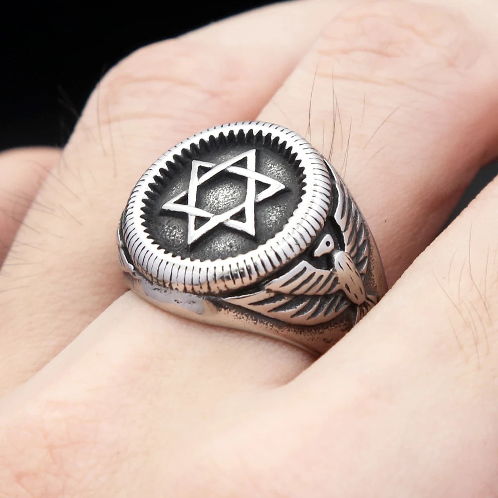 Vintage Punk Star of David Ring Hip Hop Biker Stainless Steel Hexagram With Eagles Rings For Men Women Amulet Jewelry Wholesale