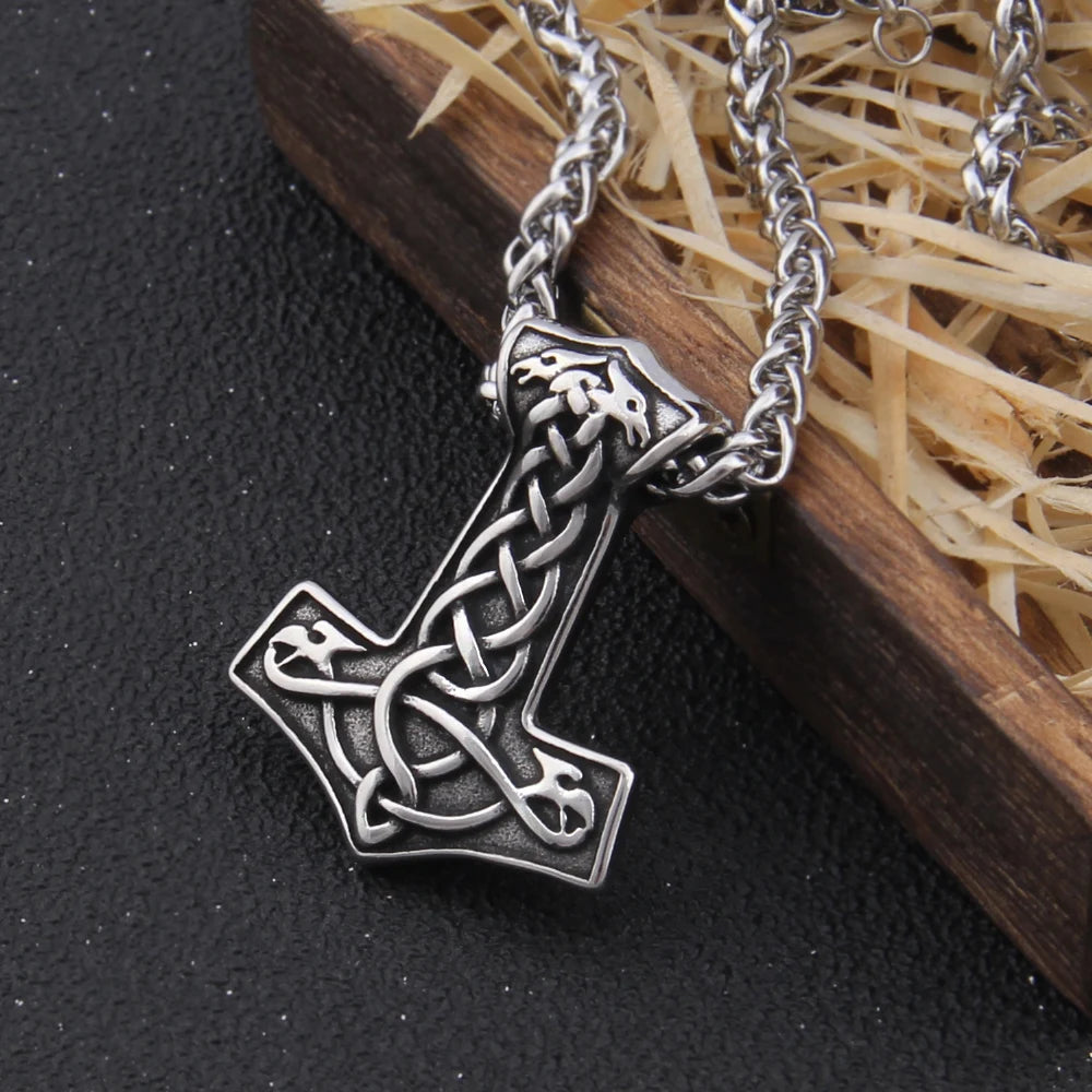 Fashion Valknut Viking Thor's Hammer Pendant Necklace With keel Chain As Men Gift with wooden box