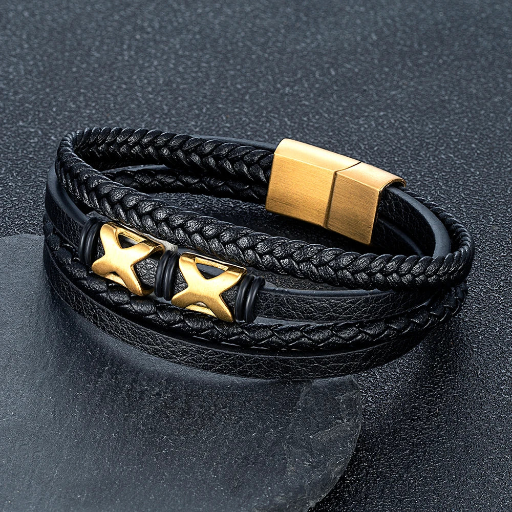 MKENDN Simple Style Men's Black Genuine Leather Bracelet Classic Stainless Steel Insert Double-X Braid Bangles For Men Gifts