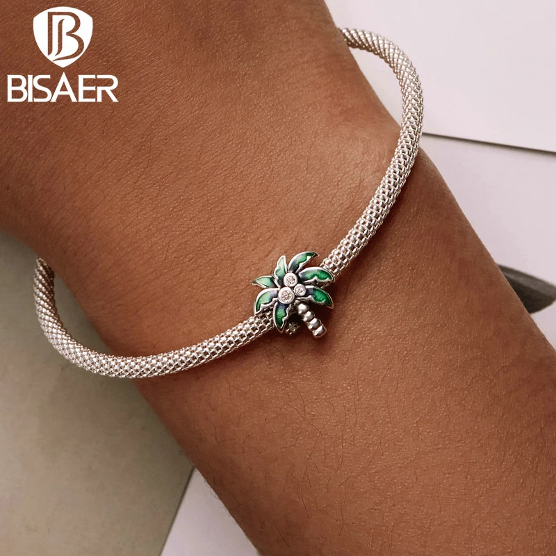 BISAER 925 Sterling Silver Charm Summer Coconut Tree Round Zircons Pendant Bead For Women DIY Bracelets Fine Jewelry EFC601