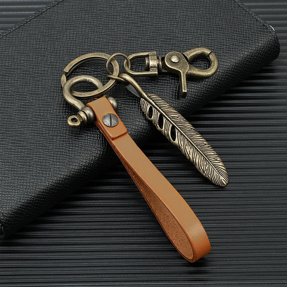 MKENDN Handmade Leather Keychain Brass D-Shape Shackle Creative DIY Feather Keyring Holder Car Key Chain For Men Jewelry Gift