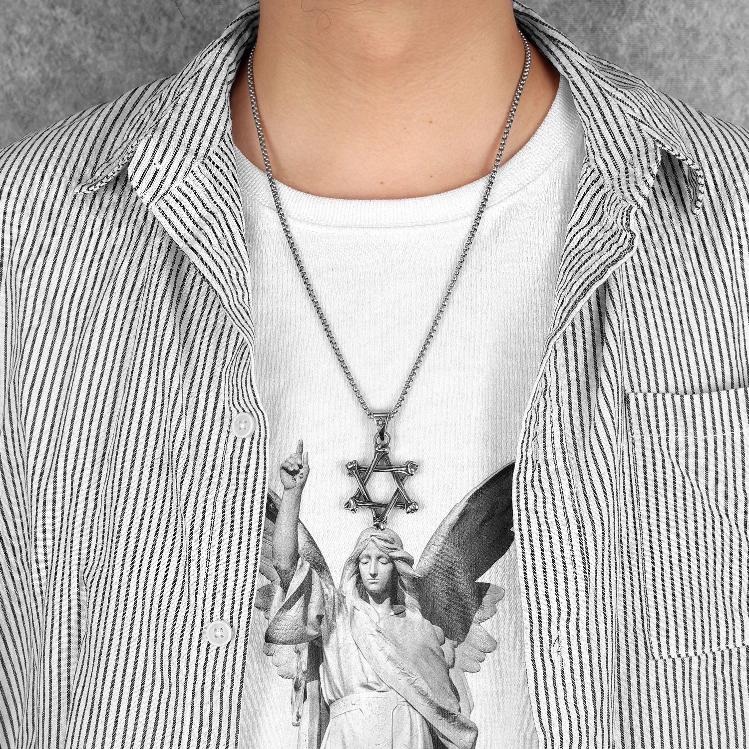 Six-pointed Star of David Necklaces Bones Pendants 316L Stainless Steel Men Chain Rock Punk for Male Jewelry Xmas Gift Wholesale