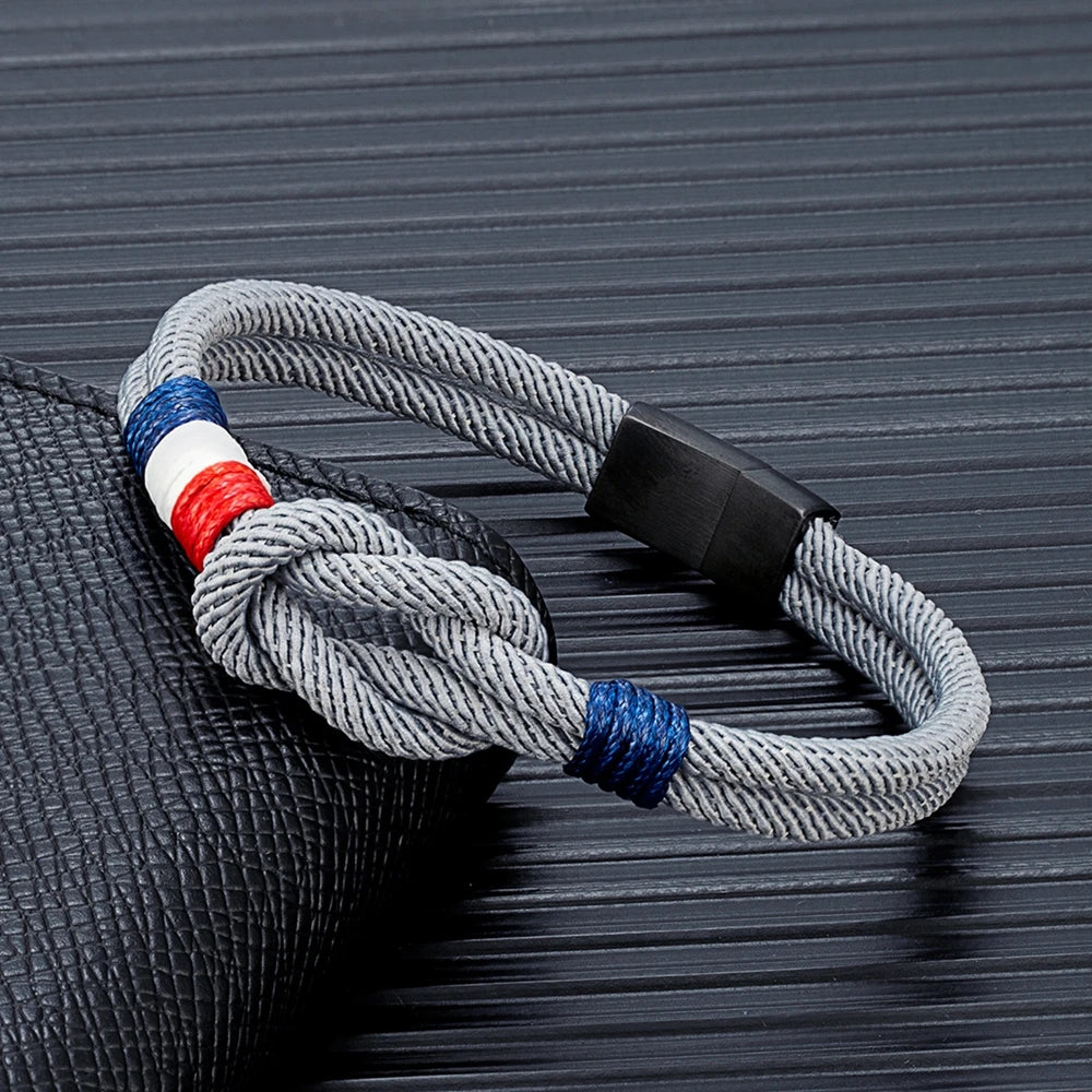 MKENDN Black Stainless Steel Square Knot Rope Bracelet Men Women Handmade Woven Double-Layer Design France Flag Couple Jewelry