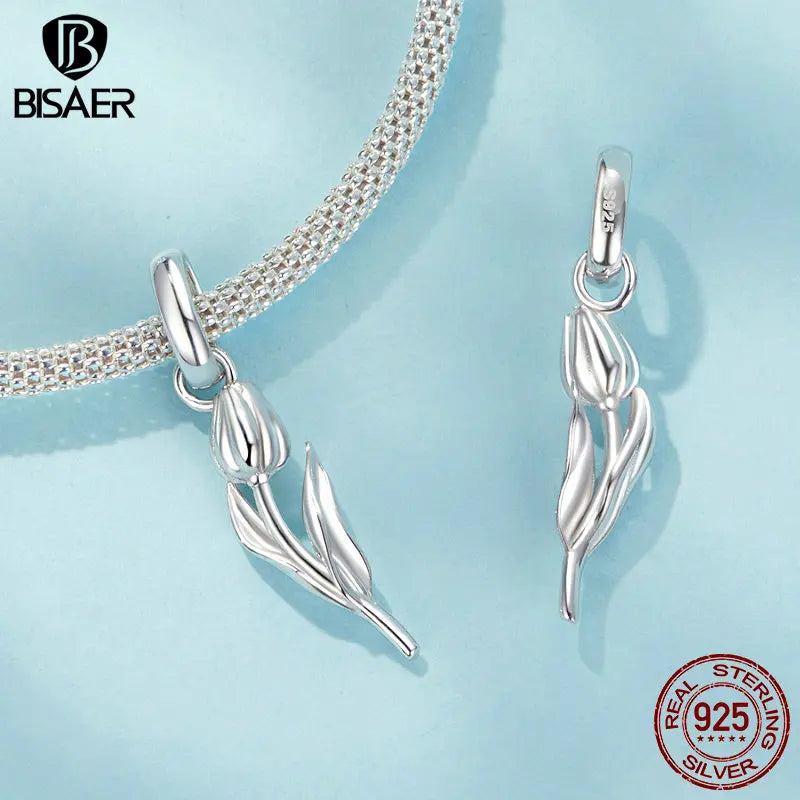 BISAER 925 Sterling Silver Guardian Angel Charm Bead Tulip Heart Key Bow Stopper Pendant Fit Women DIY Bracelet Jewelry Gift