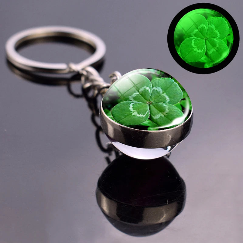 Glowing Clover Keychain Four Leaf Clover Luminous Glass Ball Key Chain Keyring Lucky Jewelry St Patricks Day Gifts Irish Pendant