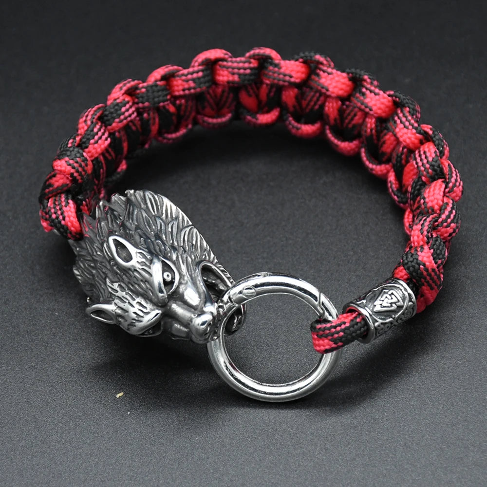 Norse Runs Beads Bracelets Men Viking Stainless Steel Odin's Wolf Paracord Rope Bangles Handmade Outdoor Jewelry