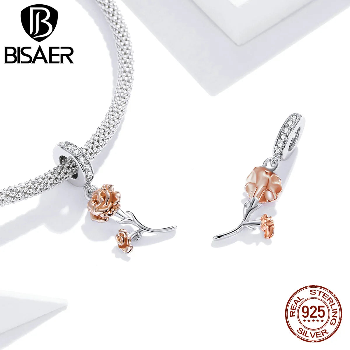 BISAER 925 Sterling Silver Charm Rose Flower Tulip Carnation Pendant For Mother Girl DIY Bracelets Necklace Fine Jewelry Gift