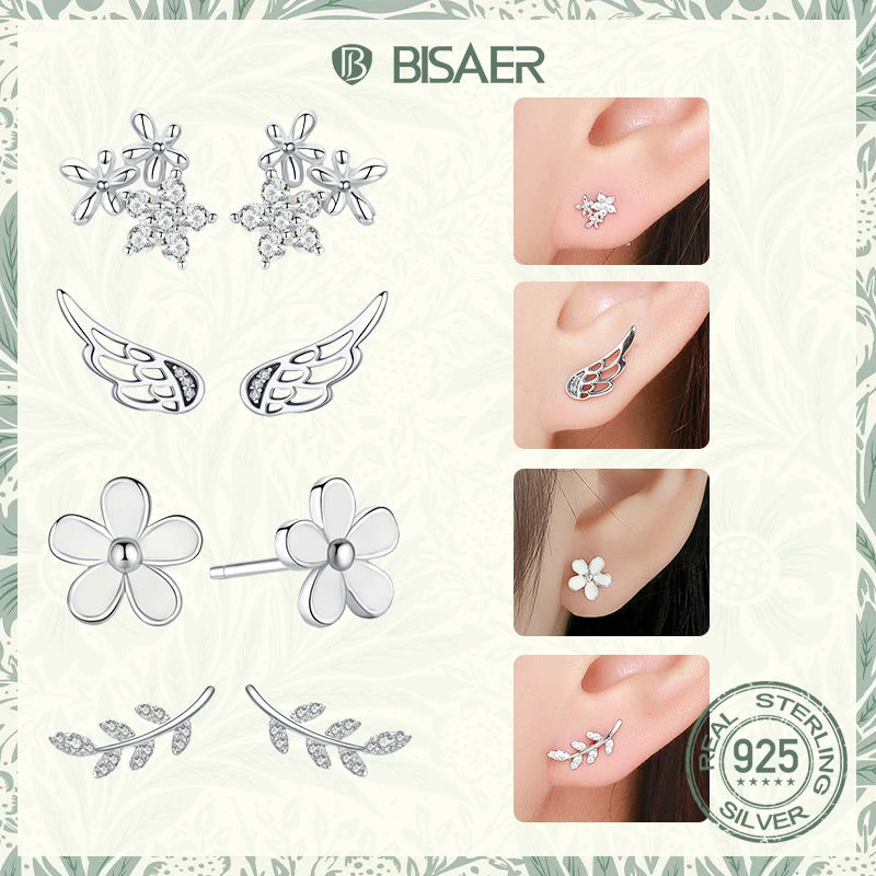 BISAER 925 Sterling Silver Flowers Stud Earrings Animal Rabbit Butterfly Plated Platinum Earring for Women Original Fine Jewelry