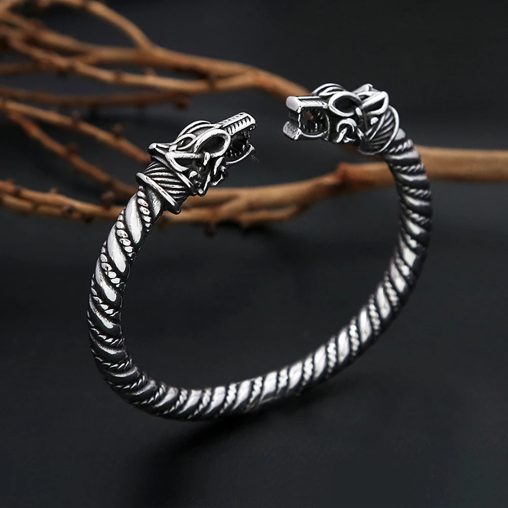 Norse Vikings Stainless Steel Dragon Head Cuff Bracelet Men's Punk Retro Viking Animal Amulet Opening Bangles Fashion Jewelry