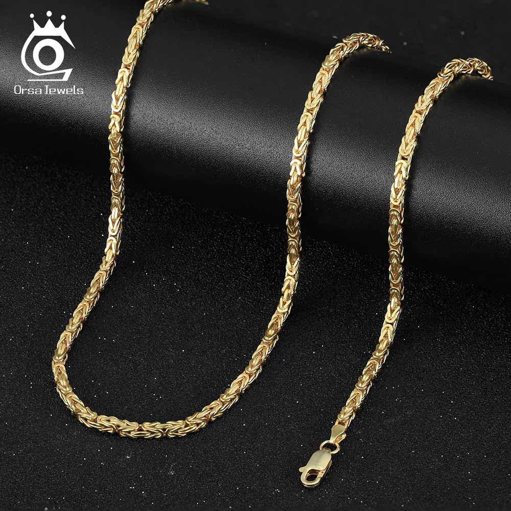 ORSA JEWELS Soild 925 Sterling Silver 2.5mm Flat Byzantine Chain Necklace Bracelet Jewelry Set 18K Gold Rhodium Plate Chain SC79