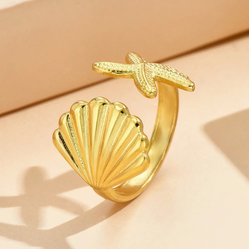 Fashion Starfish Shell Rings For Women Beach Jewelry Stainless Steel Adjustable Ring Souvenir Gift